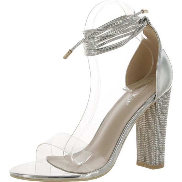 LALA IKAI Womens Silver Mirrored Rhinestone Ankle Wrap Heels Shoes Imperfections - Picture 1 of 3